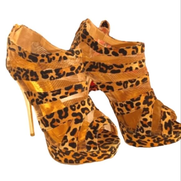 Liliana Leopard Print Faux Suede Leather Gold Mesh 5" Peep Toe Stilettos… - Picture 2 of 7